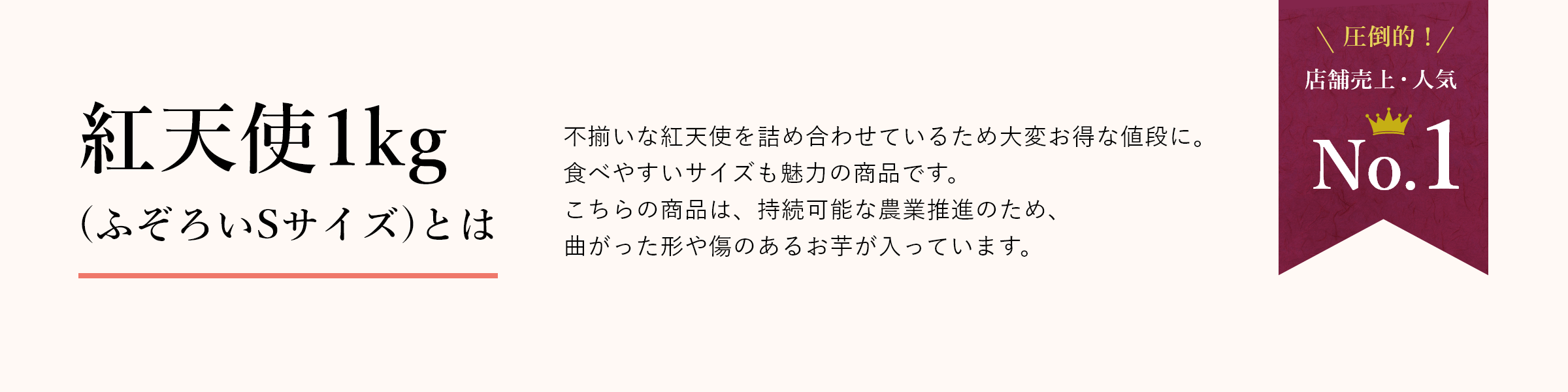 紅天使1kg(ふぞろいSサイズ)とは 不揃いな紅天使を詰め合わせているため大変お得な値段に。食べやすいサイズも魅力の商品です。こちらの商品は、持続可能な農業推進のため、曲がった形や傷のあるお芋が入っています。