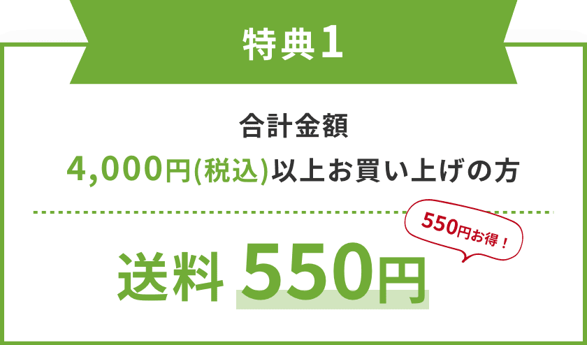 特典1　合計金額4,000円(税込)以上お買い上げの方 送料550円 550円お得！