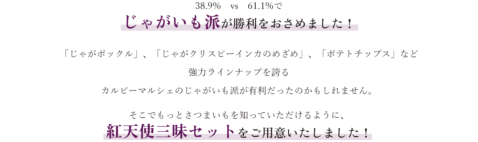 38.9% vs 61.1%で、じゃがいも派が勝利をおさめました！「じゃがポックル」、「じゃがクリスピーインカのめざめ」、「ポテトチップス」など強力ラインナップを誇る カルビーマルシェのじゃがいも派が有利だったのかもしれません。そこでもっとさつまいもを知っていただけるように、紅天使三昧セットをご用意いたしました！